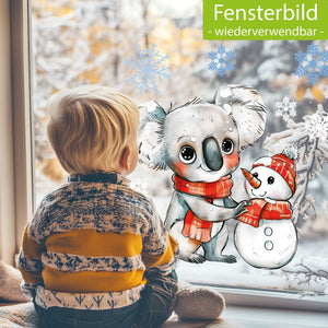 Fensterbild Süßer Koala mit Schneemann | Winterliche Fensterbild Dekoration A2 B-Ware - Sunnywall - Individualität trifft Design