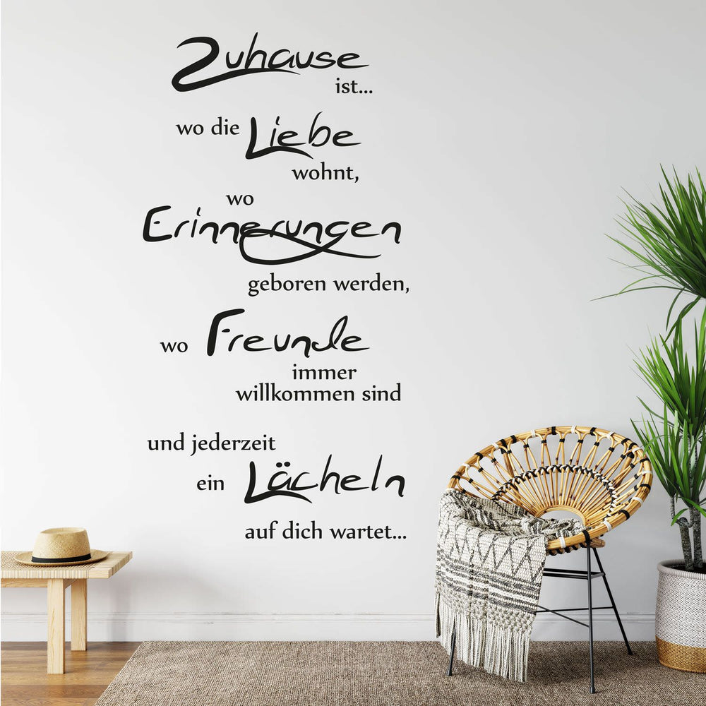 Wandtattoo Zitat – Zuhause, Liebe, Erinnerungen, Freunde, Lächeln | Dekorativer Wandaufkleber für Wohnzimmer & Eingangsbereich - Sunnywall - Individualität trifft Design