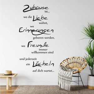 Wandtattoo Zitat – Zuhause, Liebe, Erinnerungen, Freunde, Lächeln | Dekorativer Wandaufkleber für Wohnzimmer & Eingangsbereich - Sunnywall - Individualität trifft Design