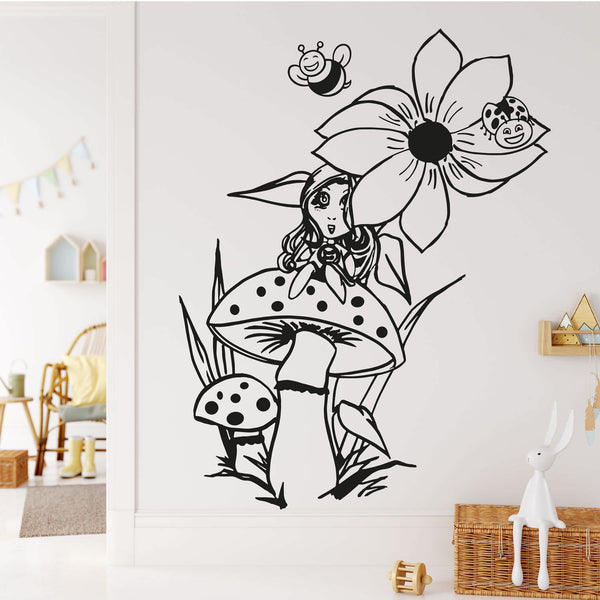 Wandtattoo Mädchen auf Pilz – Fee Däumelinchen mit Blume im Märchenstil für das Kinderzimmer - Sunnywall - Individualität trifft Design