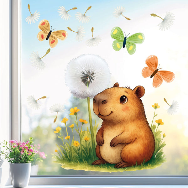 Fensterbild Capybara Pusteblume – Frühlingshafte Fensterdekoration mit Schmetterlingen - Sunnywall - Individualität trifft Design