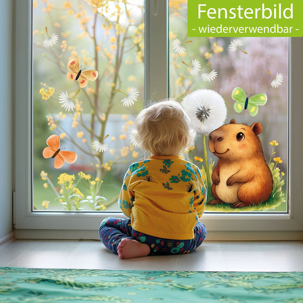 Fensterbild Capybara Pusteblume – Frühlingshafte Fensterdekoration mit Schmetterlingen - Sunnywall - Individualität trifft Design