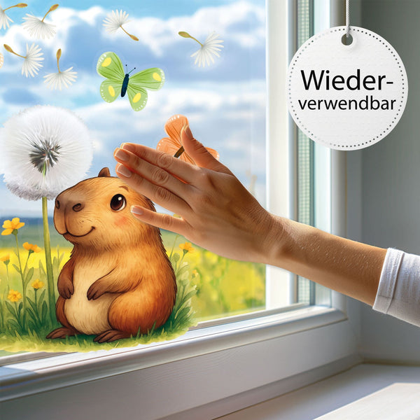 Fensterbild Capybara Pusteblume – Frühlingshafte Fensterdekoration mit Schmetterlingen - Sunnywall - Individualität trifft Design