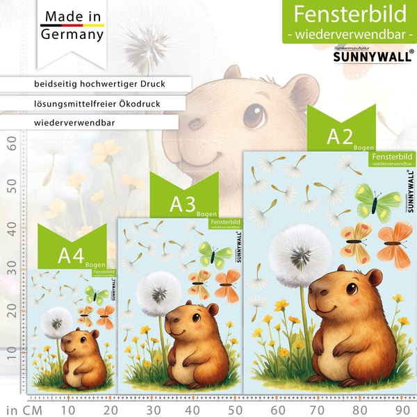 Fensterbild Capybara Pusteblume – Frühlingshafte Fensterdekoration mit Schmetterlingen - Sunnywall - Individualität trifft Design
