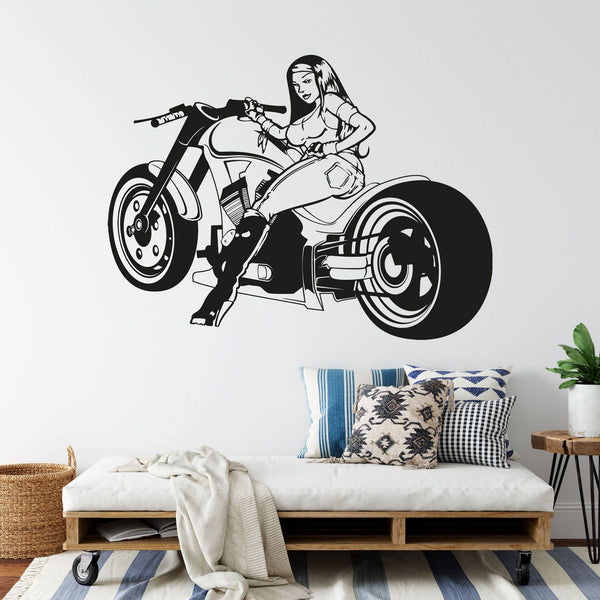 Wandtattoo Sexy Bikerin – Bikergirl in Jeans mit Bandana auf Motorrad | Wandaufkleber für Motorradfans - Sunnywall - Individualität trifft Design