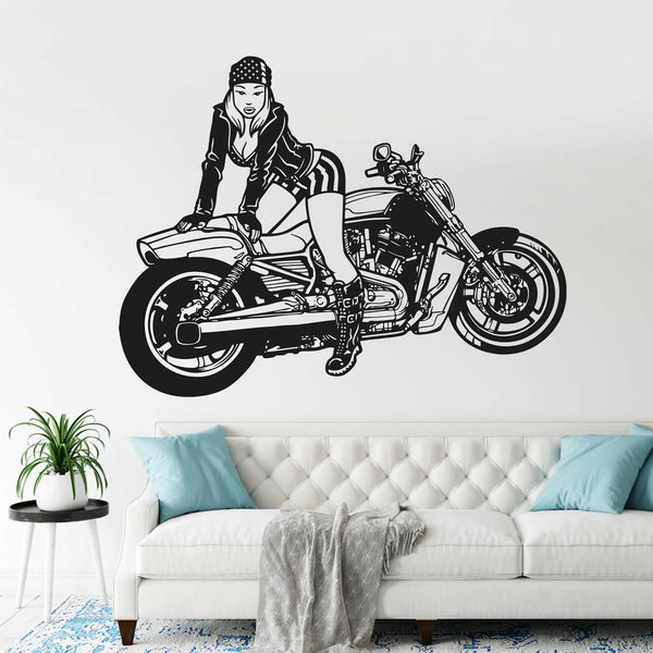 Wandtattoo Sexy Bikerin – Bikergirl mit Stars and Stripes auf Motorrad | Wandaufkleber für Motorradfans - Sunnywall - Individualität trifft Design