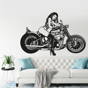 Wandtattoo Sexy Bikerin – Bikergirl mit Tank Top und High Heels auf Motorrad | Wandaufkleber für Motorradfans - Sunnywall - Individualität trifft Design