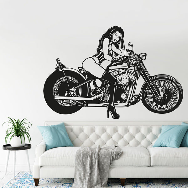 Wandtattoo Sexy Bikerin – Bikergirl mit Tank Top und High Heels auf Motorrad | Wandaufkleber für Motorradfans - Sunnywall - Individualität trifft Design