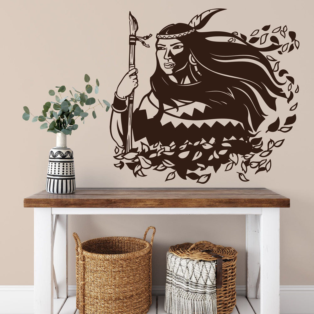 Wandtattoo Indianerfrau Squaw – Mystische Frau, Windspiel & tanzenden Blättern | Spiritueller Wandaufkleber - Sunnywall - Individualität trifft Design