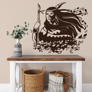 Wandtattoo Indianerfrau Squaw – Mystische Frau, Windspiel & tanzenden Blättern | Spiritueller Wandaufkleber - Sunnywall - Individualität trifft Design