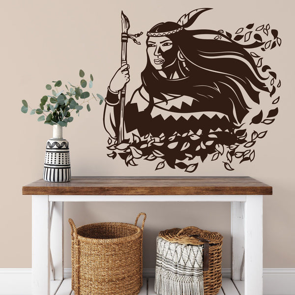 Wandtattoo Indianerfrau Squaw – Mystische Frau, Windspiel & tanzenden Blättern | Spiritueller Wandaufkleber - Sunnywall - Individualität trifft Design