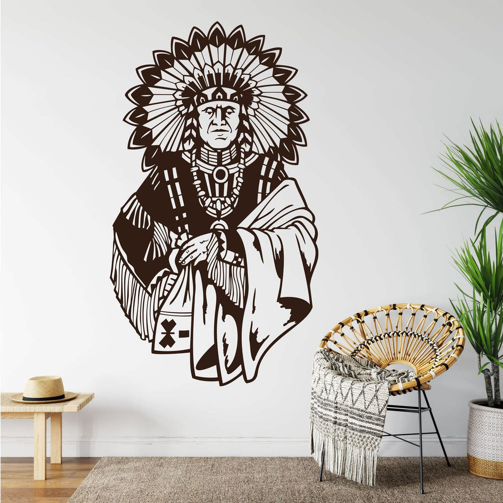 Wandtattoo Indianerhäuptling – Stammesanführer mit imposantem Federschmuck & Lederkleidung | Kraftvoller Wandaufkleber - Sunnywall - Individualität trifft Design