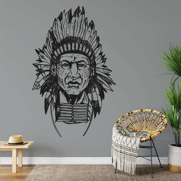 Wandtattoo Indianerkrieger – Majestätischer Krieger mit Federschmuck & Brustschutz | Ausdrucksstarker Wandaufkleber - Sunnywall - Individualität trifft Design