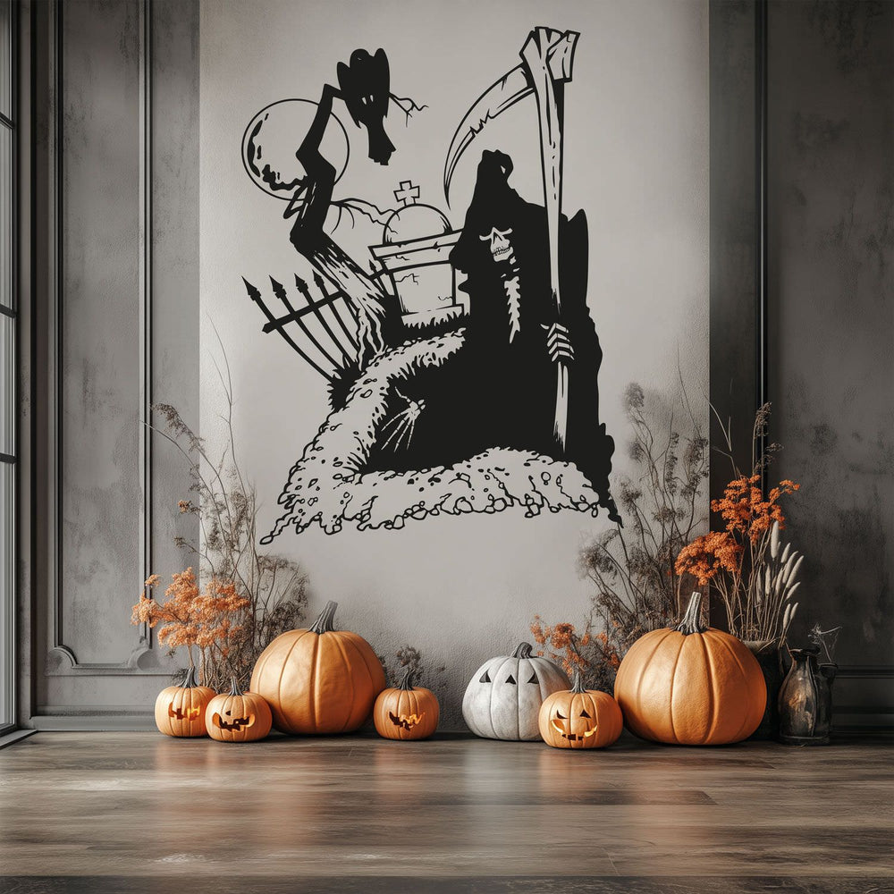 Wandtattoo Halloween Friedhof – Sensenmann am Grab  | Gruseliger Wandaufkleber für die Halloween-Dekoration - Sunnywall - Individualität trifft Design