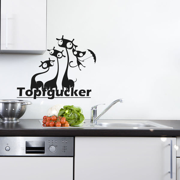 Wandtattoo Schriftzug Topfgucker – Giraffen & Katze mit Regenschirm | Lustiger Wandaufkleber für die Küche - Sunnywall - Individualität trifft Design