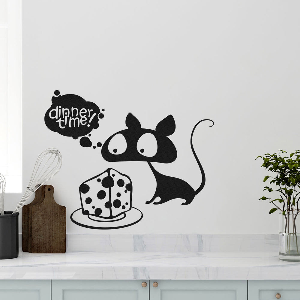 Wandtattoo Maus mit Käsestück – Niedliche Maus mit Gedankenblase „Dinner Time“ | Lustiger Wandaufkleber für Küche & Essbereich - Sunnywall - Individualität trifft Design