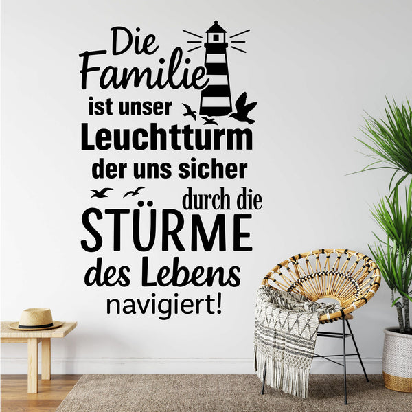 Wandtattoo Familie Leuchtturm Spruch – Maritim Wandsticker mit Leuchtturm für Wohnzimmer & Bad