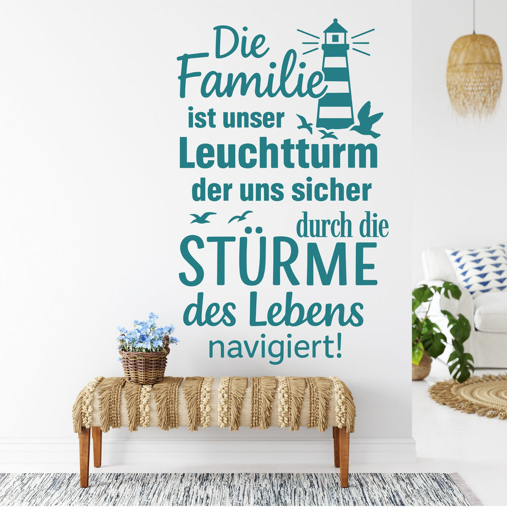 Wandtattoo Familie Leuchtturm Spruch – Maritim Wandsticker mit Leuchtturm für Wohnzimmer & Bad