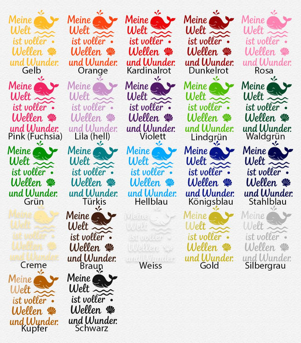 Wandtattoo Spruch Wal – Meine Welt ist voller Wellen und Wunder – Maritimer Wandsticker mit Wal & Muschel für Kinderzimmer & Schlafzimmer