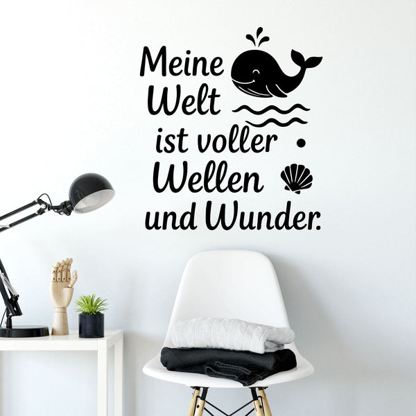 Wandtattoo Spruch Wal – Meine Welt ist voller Wellen und Wunder – Maritimer Wandsticker mit Wal & Muschel für Kinderzimmer & Schlafzimmer
