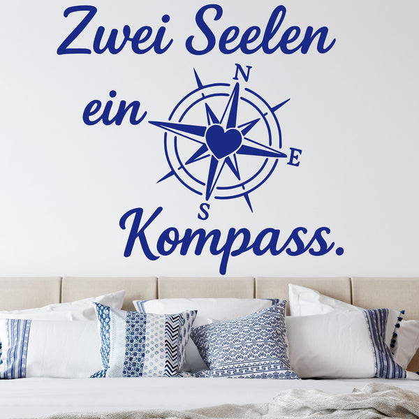 Wandtattoo Zwei Seelen Kompass – Zwei Seelen ein Kompass – Romantischer Wandsticker mit Herz & Windrose für Schlafzimmer & Wohnzimmer