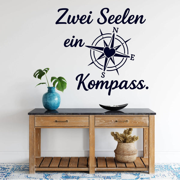 Wandtattoo Zwei Seelen Kompass – Zwei Seelen ein Kompass – Romantischer Wandsticker mit Herz & Windrose für Schlafzimmer & Wohnzimmer