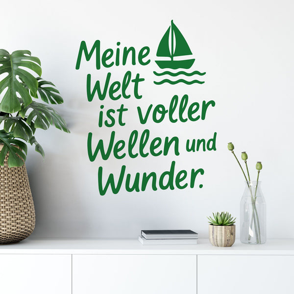 Wandtattoo Wellen Wunder – Meine Welt ist voller Wellen und Wunder – Maritimer Wandsticker mit Segelboot für Wohnzimmer & Schlafzimmer