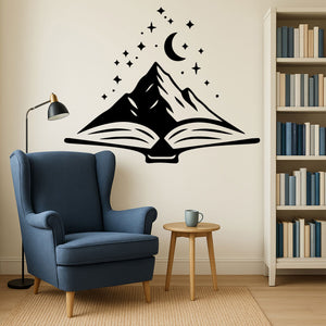 Wandtattoo Buch Berge Mond – Bookish Deko mit Sternen - aufgeschlagenes Buch