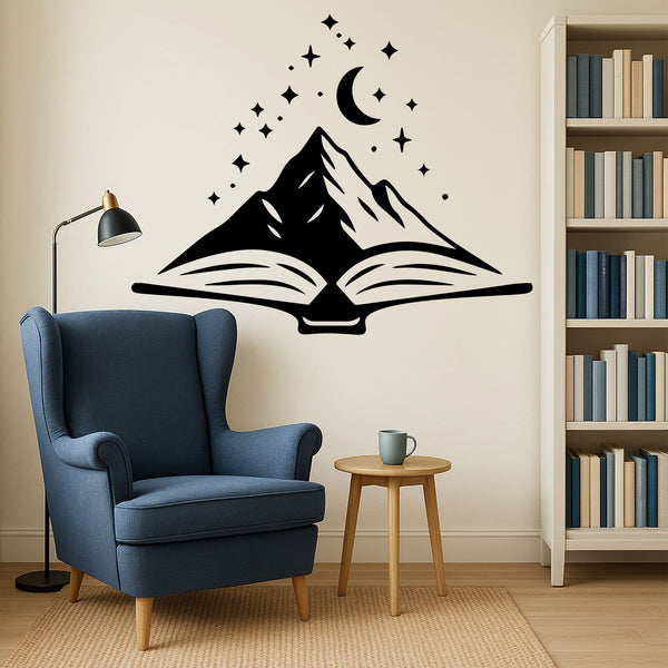Wandtattoo Buch Berge Mond – Bookish Deko mit Sternen - aufgeschlagenes Buch