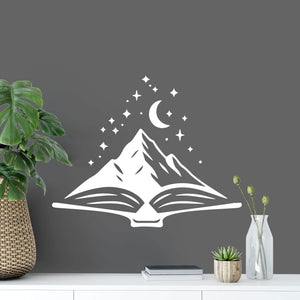 Wandtattoo Buch Berge Mond – Bookish Deko mit Sternen - aufgeschlagenes Buch