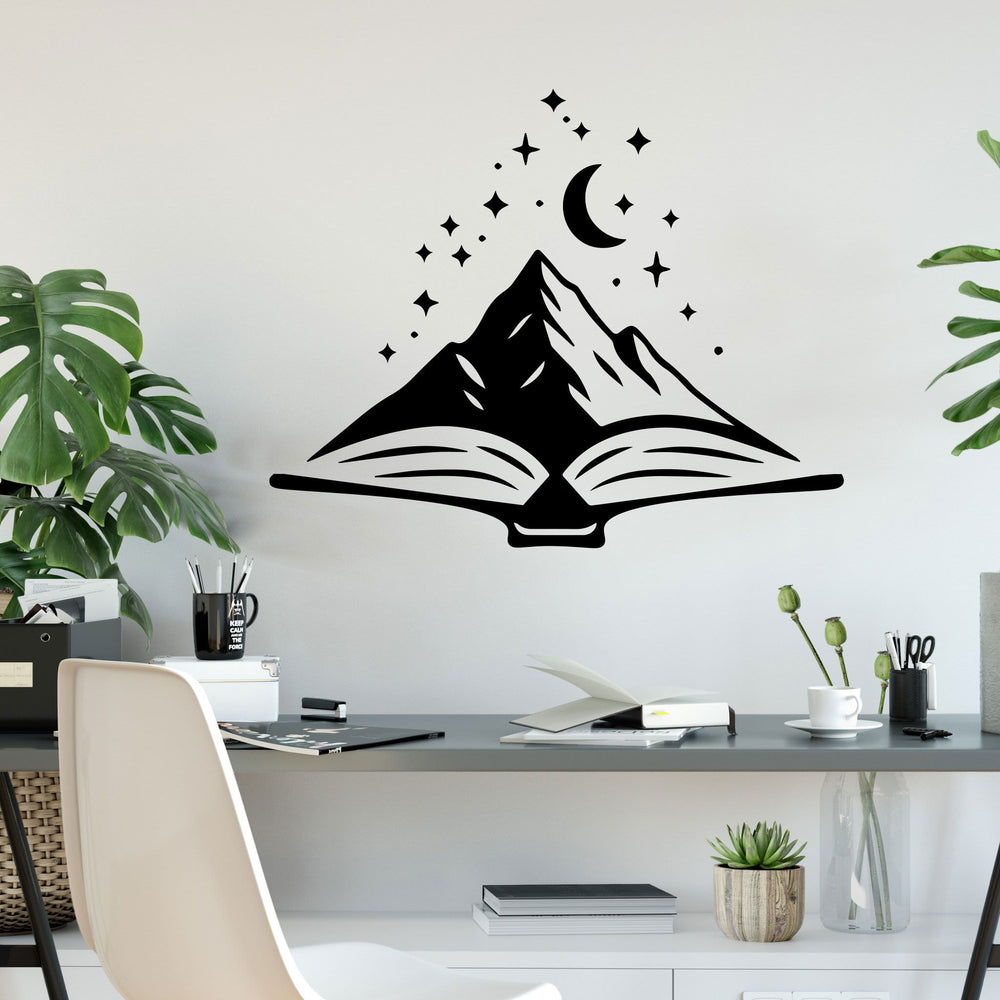 Wandtattoo Buch Berge Mond – Bookish Deko mit Sternen - aufgeschlagenes Buch