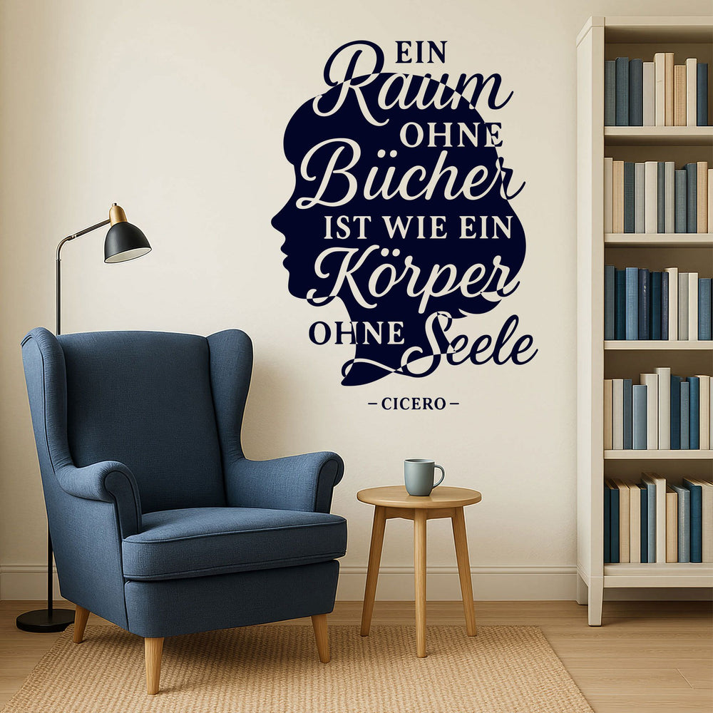 Wandtattoo Spruch Bücher – Cicero Zitat mit Kopf-Silhouette