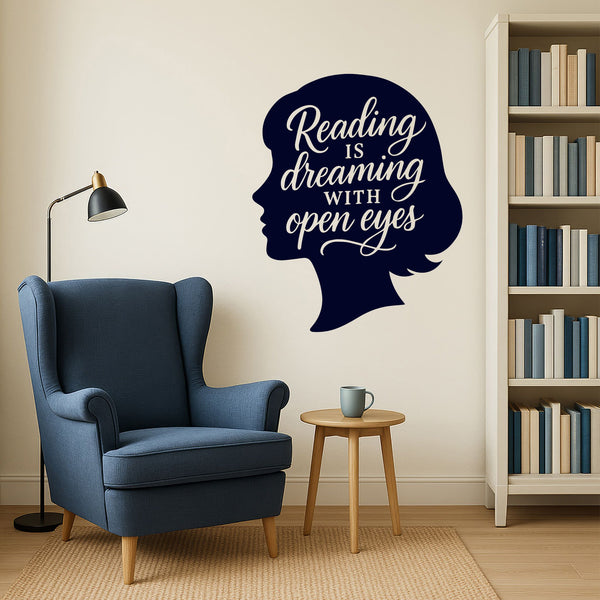 Wandtattoo Spruch Bücher Englisch – „Reading is dreaming with open eyes“ mit Kopf-Silhouette
