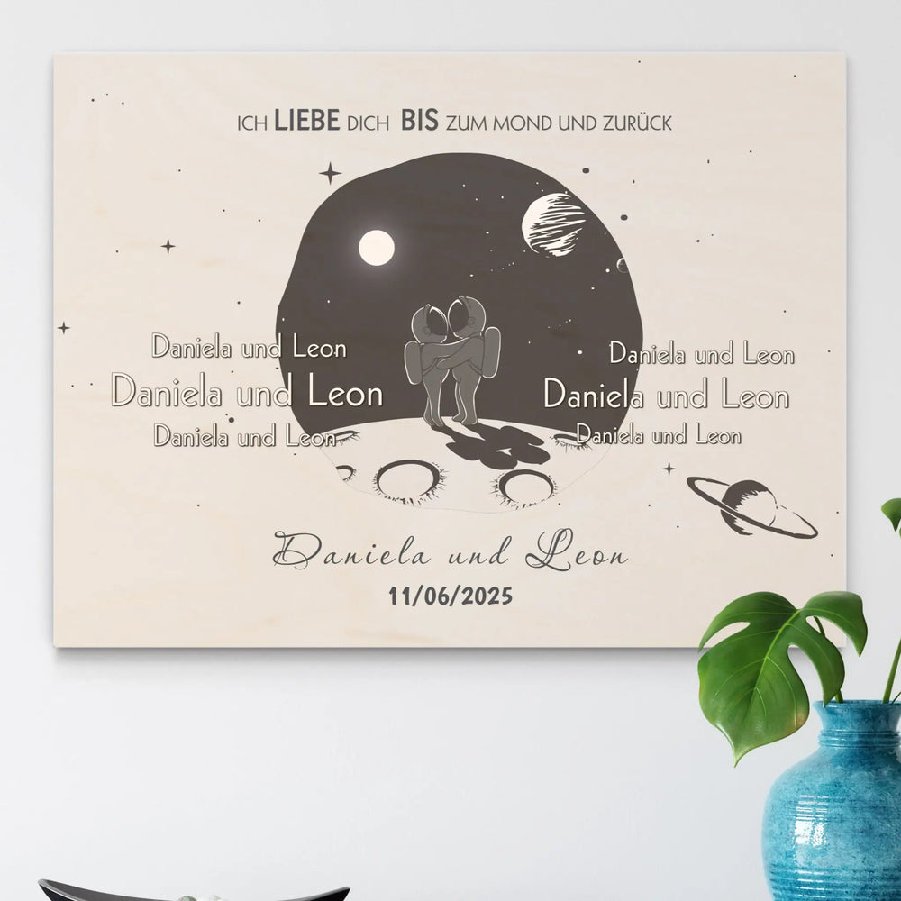 Astronaut Holzbild für Paare, Hochzeit, Liebesgeschenk mit Wunschnamen und Datum Sunnywall