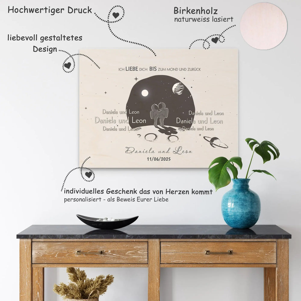 Astronaut Holzbild für Paare, Hochzeit, Liebesgeschenk mit Wunschnamen und Datum Sunnywall