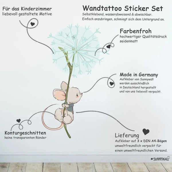 Ballon Mäuse - Wandtattoo Kinderzimmer Baby Wandaufkleber - 3 x A4 Set Sunnywall