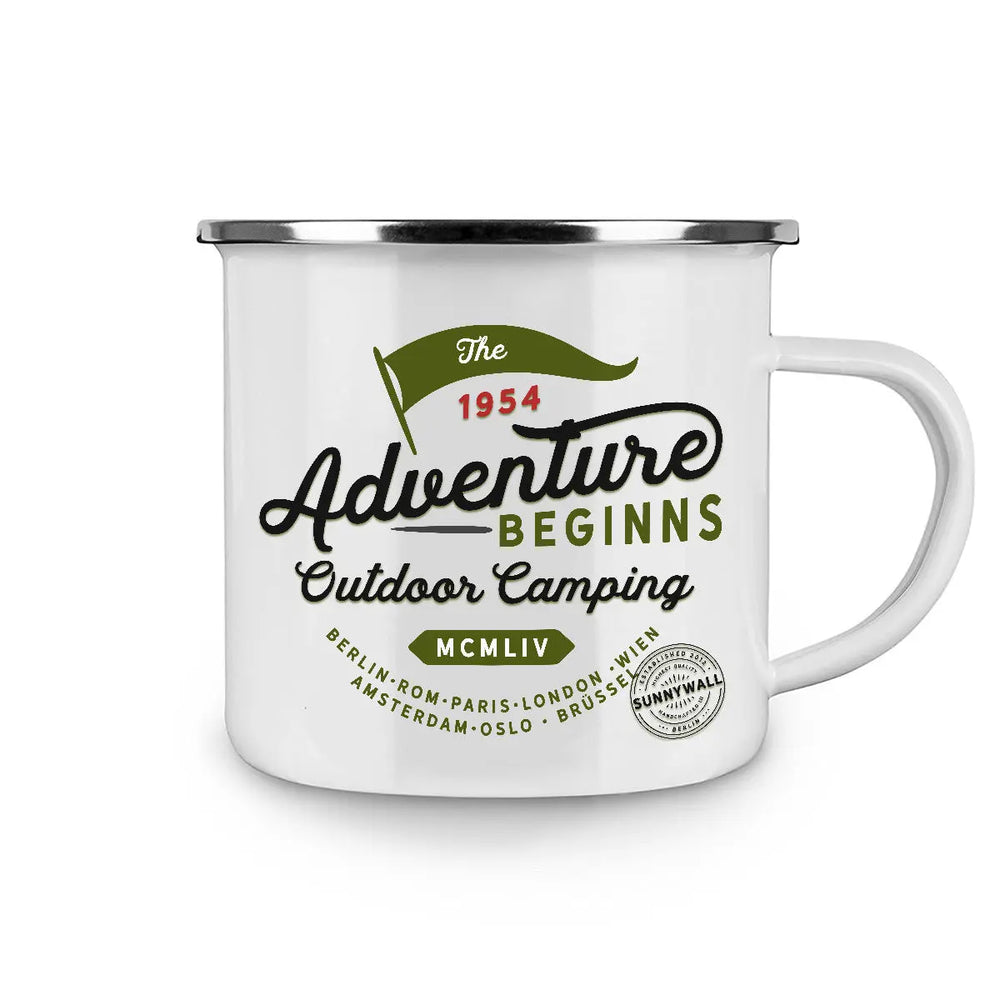 Campingbecher | Emailletasse Fototasse Tasse outdoor Camping the Adventure beginns Sunnywall