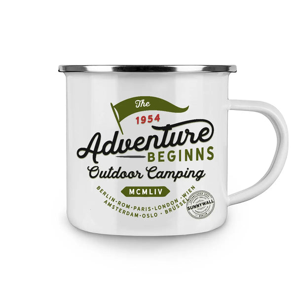 Campingbecher | Emailletasse Fototasse Tasse outdoor Camping the Adventure beginns Sunnywall