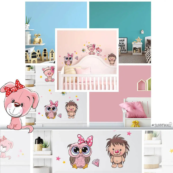 Cartoon Animals Set 4 - Hund, Eule, Igel & Co.  Wandtattoo Kinderzimmer Baby Wandaufkleber Sunnywall