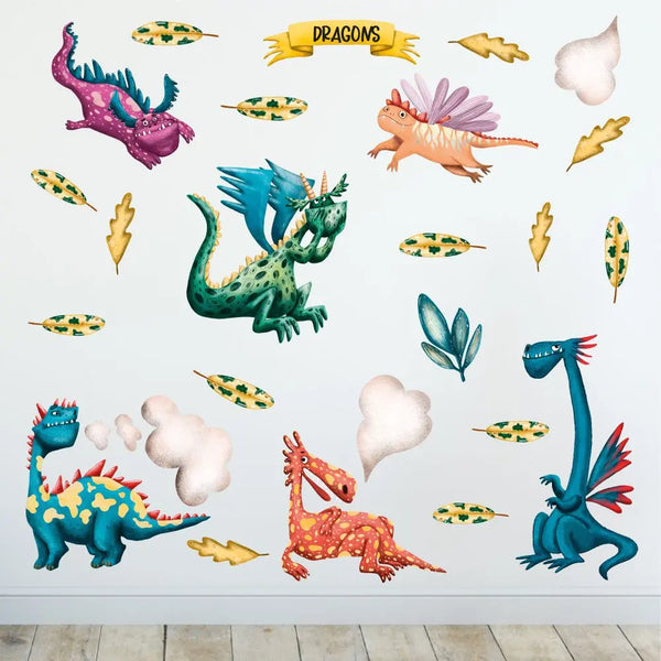 Drachen Charaktere - Wandtattoo Kinderzimmer Baby Wandaufkleber - 6 x A4 Set Sunnywall