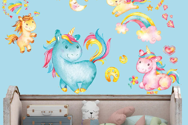Einhorn Wandtattoo XXL Set | Kinderzimmer Aufkleber bunt Wanddeko Sunnywall