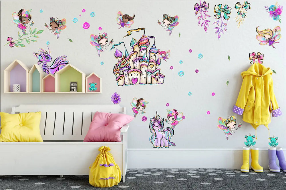 Feenzimmer Glitzer Wandtattoo XXL Set | Kinderzimmer Aufkleber bunt Wanddeko Sunnywall