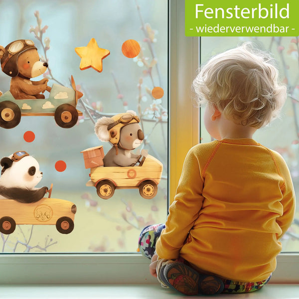 Fensterbild | Bärenbande im Holz-Design | Bär, Koala und Panda in Rennwagen | Holz-Optik Fensterbild Dekoration Sunnywall