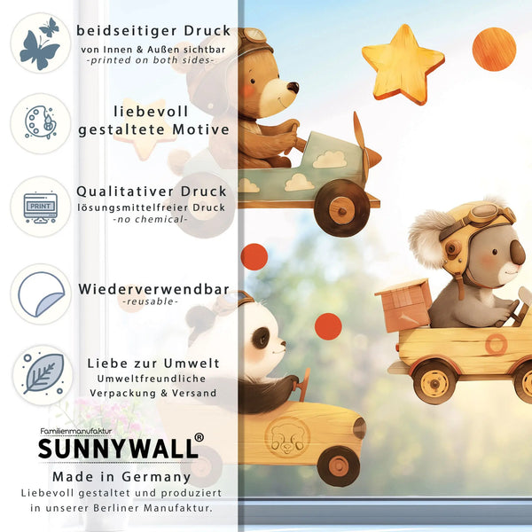 Fensterbild | Bärenbande im Holz-Design | Bär, Koala und Panda in Rennwagen | Holz-Optik Fensterbild Dekoration Sunnywall