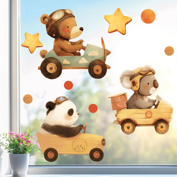 Fensterbild | Bärenbande im Holz-Design | Bär, Koala und Panda in Rennwagen | Holz-Optik Fensterbild Dekoration Sunnywall