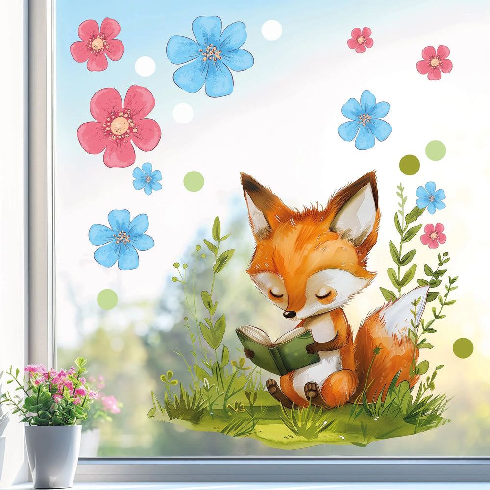 Fensterbild | Buch lesender Fuchs im Blumenmeer Sunnywall