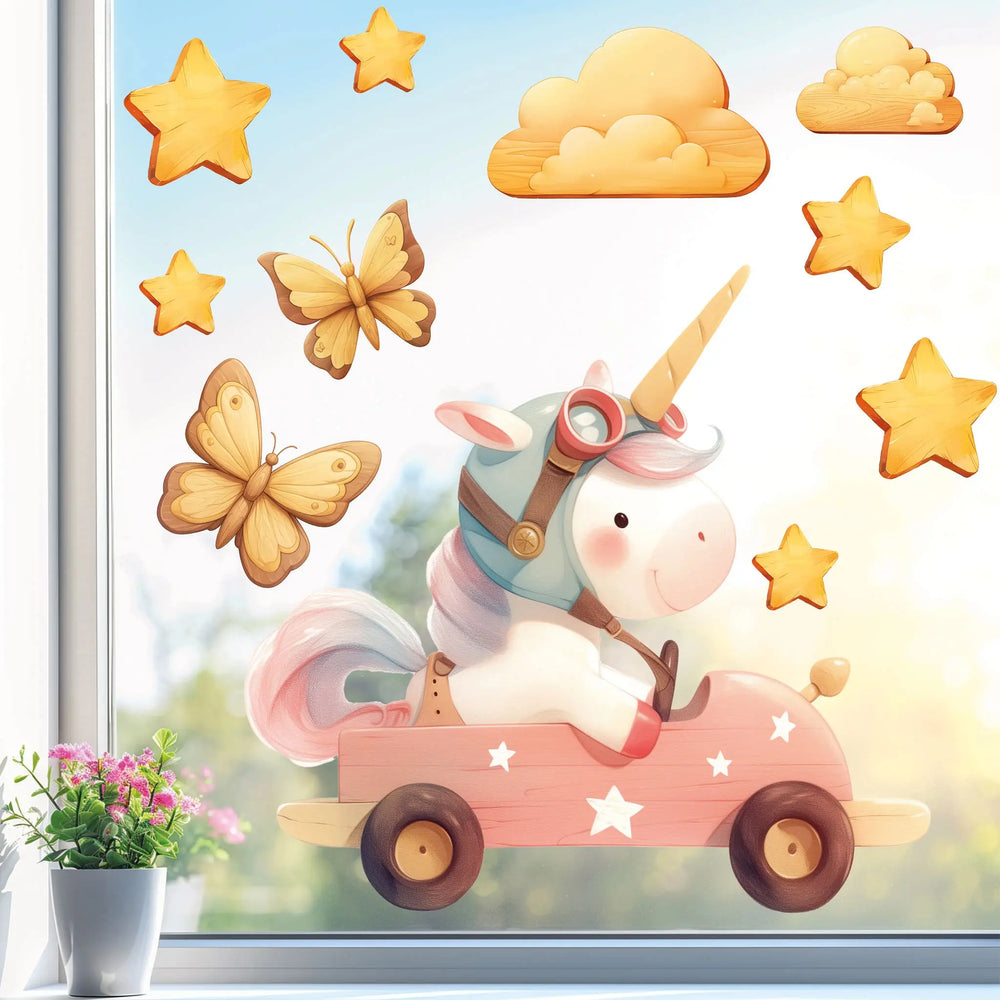 Fensterbild |  Einhorn in Rennwagen im Holz-Design | Holz-Optik Fensterbild Dekoration Sunnywall