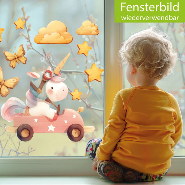 Fensterbild |  Einhorn in Rennwagen im Holz-Design | Holz-Optik Fensterbild Dekoration Sunnywall