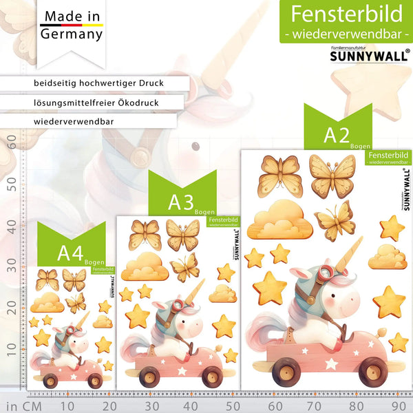 Fensterbild |  Einhorn in Rennwagen im Holz-Design | Holz-Optik Fensterbild Dekoration Sunnywall