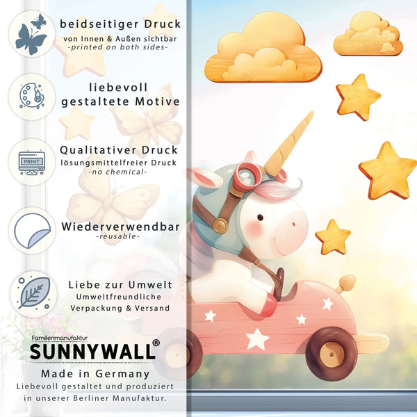 Fensterbild |  Einhorn in Rennwagen im Holz-Design | Holz-Optik Fensterbild Dekoration Sunnywall